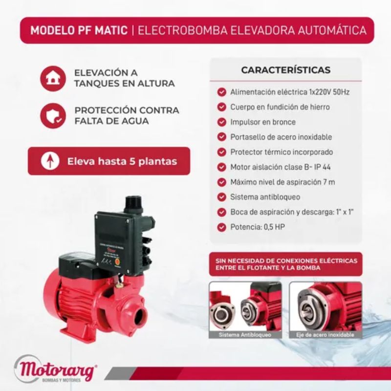 Bomba Elevadora Automatica Pf Matic Agua 0.5Hp Motorarg - Imagen 3