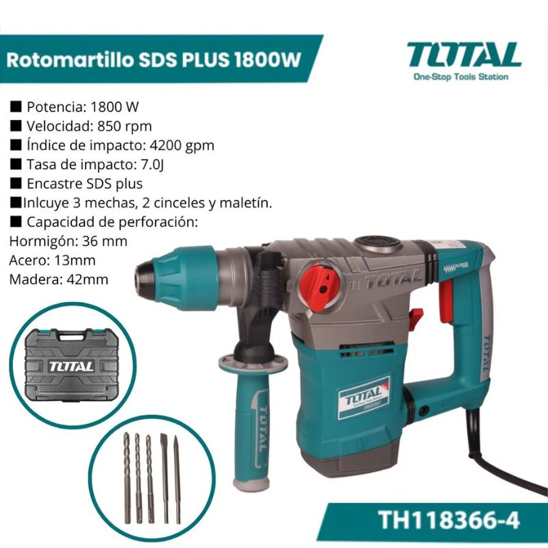 Rotomartillo 1800w Sds Plus Demolición Y Perforación Pesada 7j De Impacto TH118366-4 TOTAL - Imagen 2