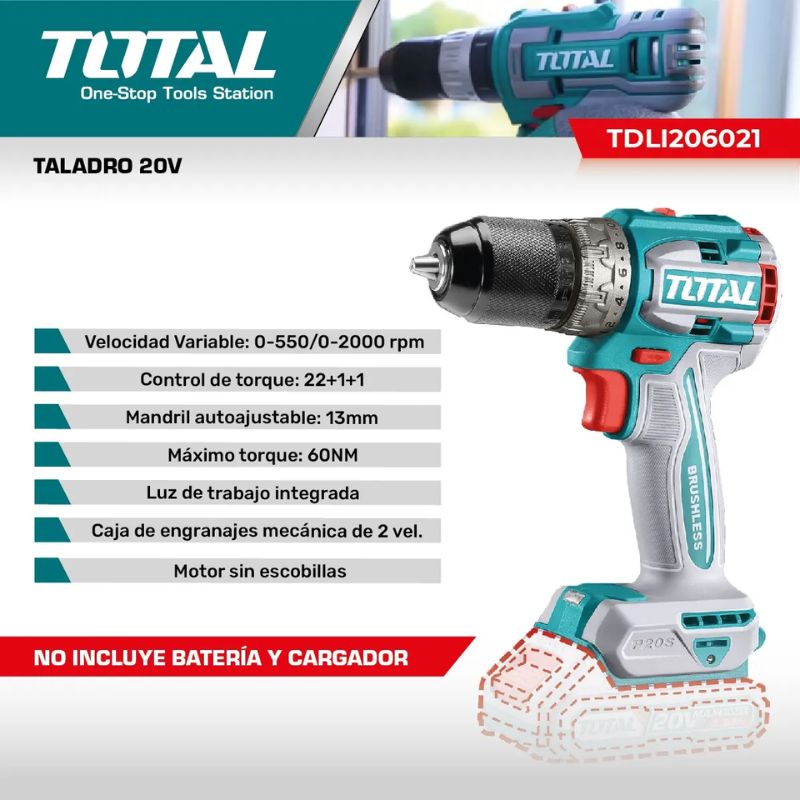Taladro Inalambrico 20v BL 2000rpm 60nm Industrial TDLI206021 TOTAL - Imagen 2