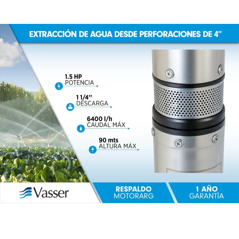Bomba Sumergible Pozo 1.5 Hp 4 Pulgadas + 30 Mts Cable VASSER - Imagen 2