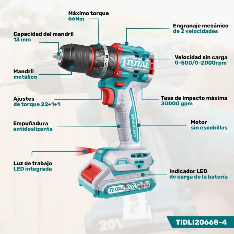 Taladro Percutor Inalámbrico Brushless 20v 66nm TIDLI20668-4 TOTAL - Imagen 2