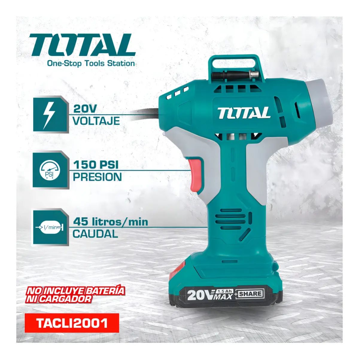 Inflador Inalámbrico De Mano 20v 150psi TACLI2001 TOTAL - Imagen 2