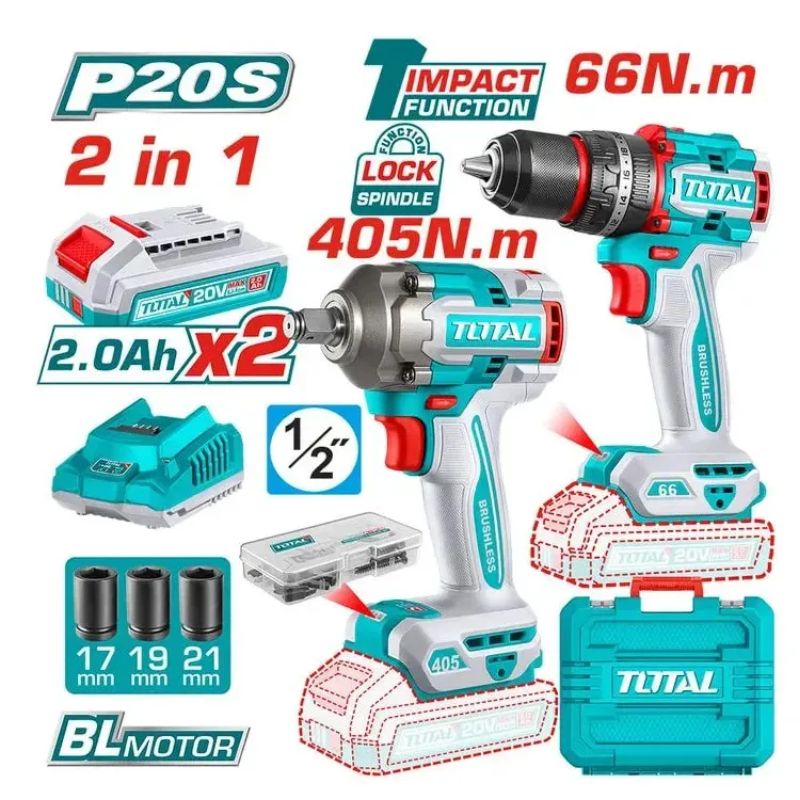 Kit Taladro Percutor + Llave De Impacto 20v Brushless TCKLI20286 TOTAL